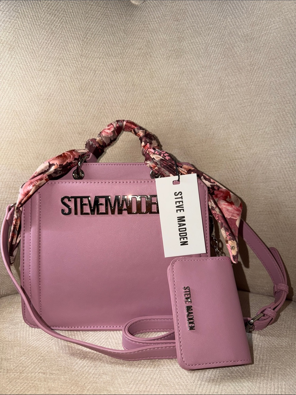 Steve Madden Pink Satchel with Floral-Print Wrapped Handle
